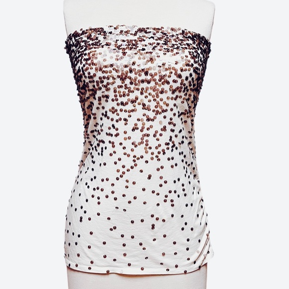 Express Sequin Ombré Strapless Tube Top SZ Medium Y2K Cream Cotton Modal Stretch - Picture 2 of 11